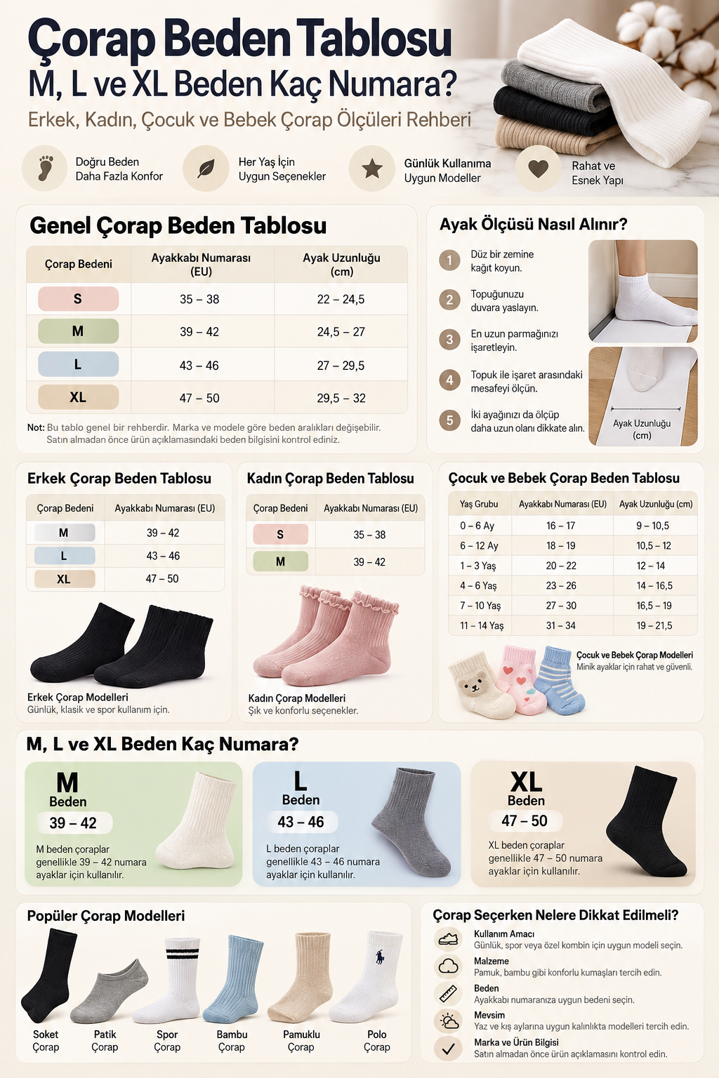 Çorap Beden Tablosu: M, L ve XL Beden Kaç Numara?