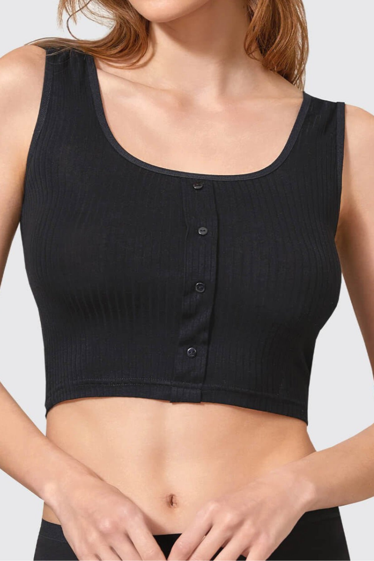 Kadın Düğmeli Crop Atlet Kalın Askılı Basic Esnek Günlük Spor Bluz Crop
