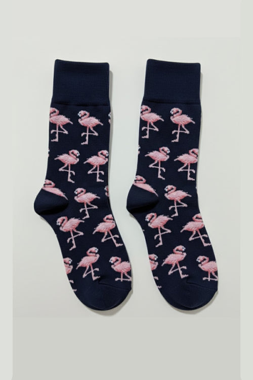 2 Çift Lacivert Zemin Pembe Flamingo Desenli Unisex Çorap – Renkli Eğlenceli Soket Çorap Seti